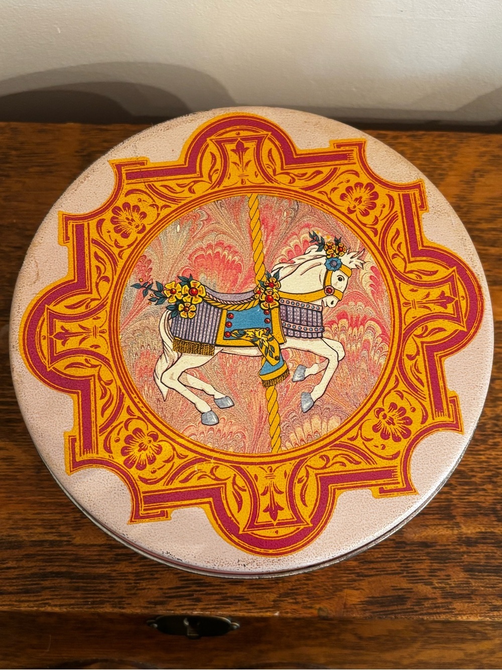Vintage shabby chic pink caurosel tin